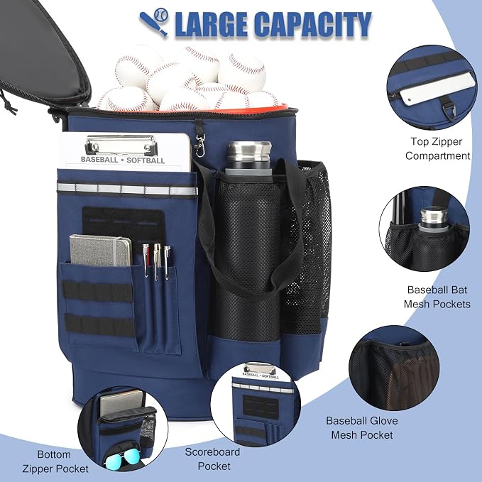 Baseball Bucket Bag 6 Gallon Multi Pockets Softball Coaching Equipment Bag | tactical Baseball Bucket Cover Organizer with padded Seat for Balls, Bat, Gloves, Scoreboards