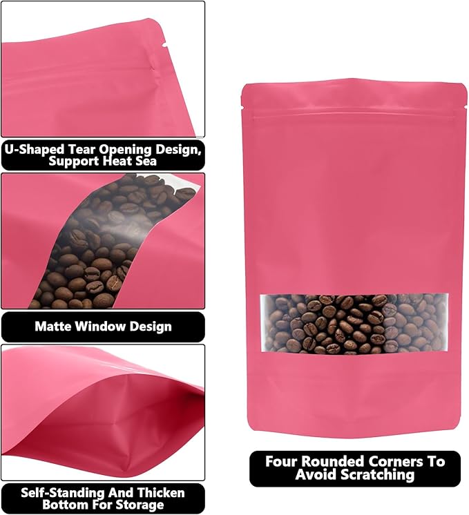 50PCS Foil Pouch Mylar Bags with Clear Window,ULIFESTAR Stand Up Sealable Bags with Tear Notches,Resealable for Food,Party Favors,Gift Packaging and Small Business(18 * 26cm/7.09 * 10.24",Pink)