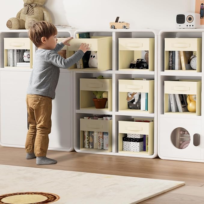 DIMJ Storage Cubes, Cube Storage Bin, 8 Pack Foldable Storage Cubes with Window, Closet Storage Bins with Handle, 11x 11 inch Closet Organizer Bins for Clothes, Toys, Books (Beige )