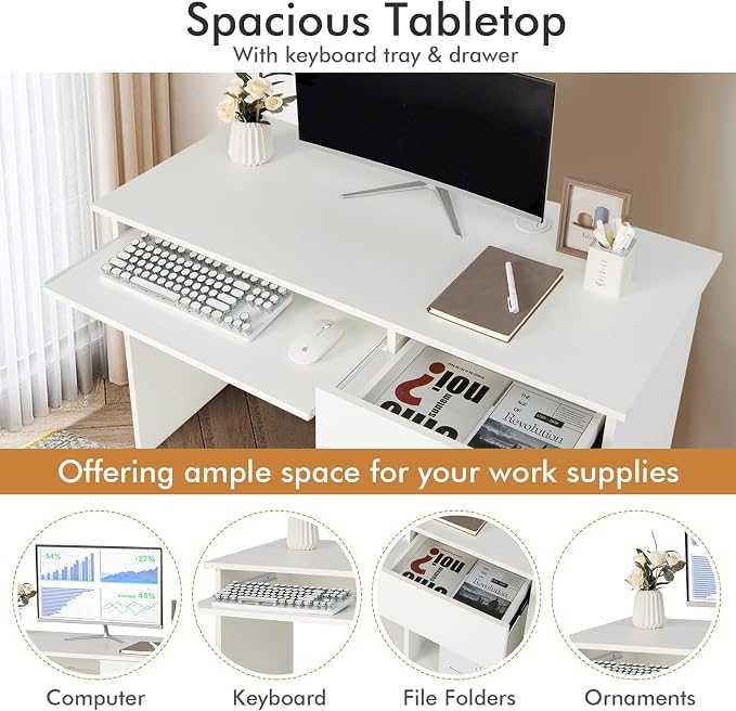 Tangkula White Desk with Drawer, Wooden Computer Desk with Pull-Out Keyboard Tray & Adjustable Storage Shelves, Modern Laptop PC Desk with CPU Stand, Writing Study Desk for Bedroom (White)
