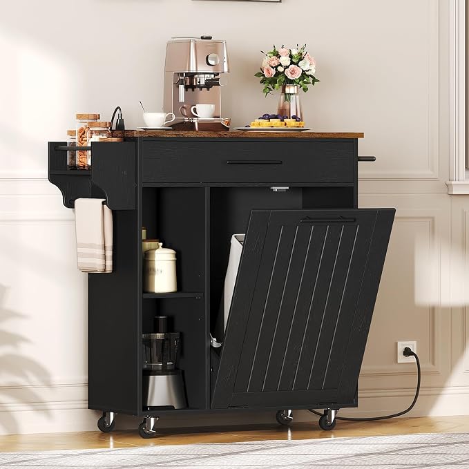 HOOBRO Kitchen Island with Trash Can Storage, Rolling Kitchen Island on Wheels, Mobile Island Cart with Power Outlet, Islands Table for 10 Gallon Garbage Bin, Rustic Brown and Black BF80UZD01G1