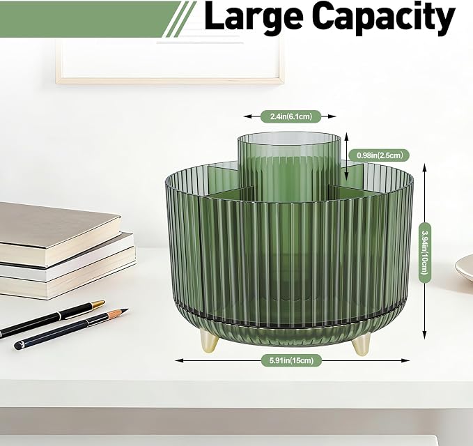 360 Rotating Pen Pencil Holder for Desk, Pen Organizer with 5 Slots, Makeup Brush Holder, Desk Organizer and Accessories, Cute Pencil Cup Caddy for Office School Home Decor Art Supply (Green)