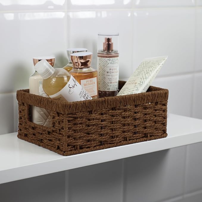 Wicker Baskets, Baskets for Organizing, Rattan Woven Basket for Storage, Organizer Bins with Built-in Handles, Storage Basket for Shelves (Paper Rope, Small)