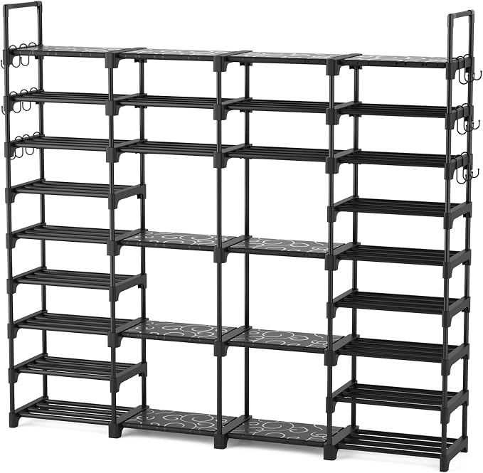ROJASOP Large Shoe Rack Organizer for Entryway Closet 64-68 Pairs 9-Tier Heavy Duty Tall Garage Shoe Rack Shoe Shelf Shoes Storage with 18 Pcs Removable Side Hooks for Bedroom and Garage Black