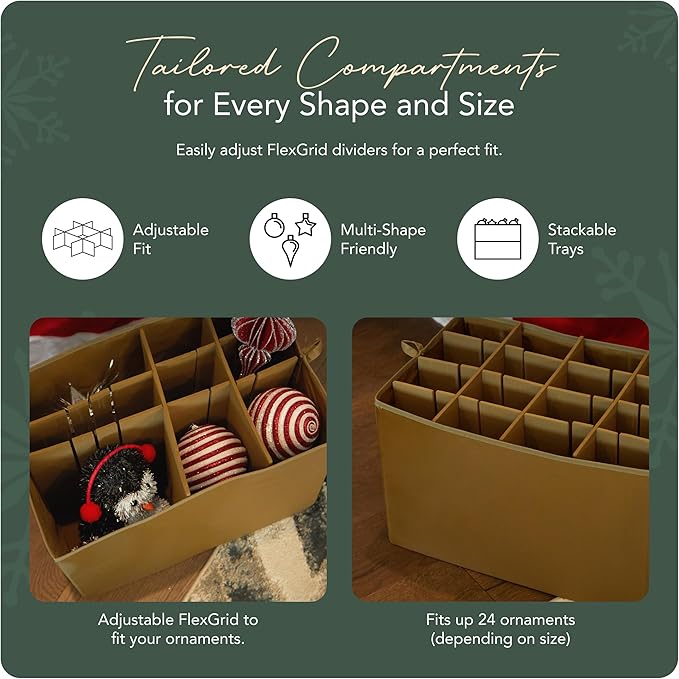 Covermates Keepsakes Adjustable Ornament Storage Box – Heavy-Duty Polyester, Padded Dividers & FlexGrid Trays – Protective Holiday Organizer with Stackable Walls & Label Window, Green