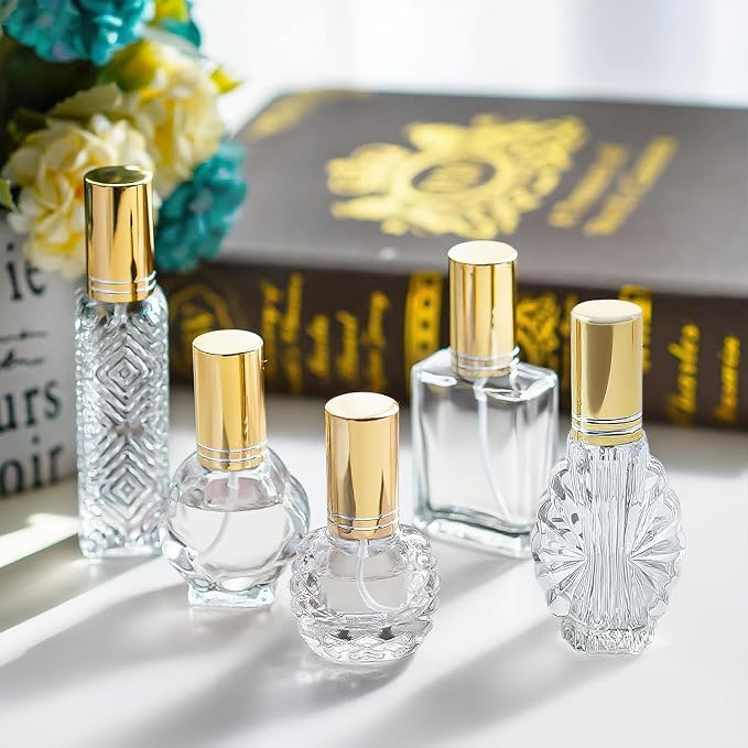 5 Pcs Vintage Glass Empty Perfume Bottles Refillable with Spray | Vintage Empty Perfume Bottles with Fine Mist Spray Refillable Set of 5 for Travel Vanity Home Office Wedding Party Decor