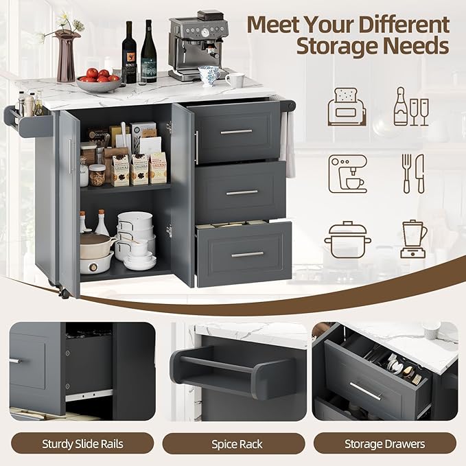 4 EVER WINNER Kitchen Island on Wheels with Storage and Drop Leaf, Faux Marble Texture Tabletop, 43" Kitchen Island Cart with Towel Rack & Spice Rack, Rolling Islands Cart for Kitchen, Gray