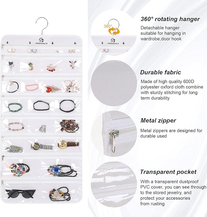 Freegrace Hanging Jewelry Organizer with Secure Zipper Closure - 360° Revolving Hanger, 25 Clear Pockets, 23 Necklace Hooks - Foldable Travel Storage & Closet Display (White)