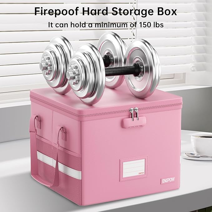 ENGPOW 5200°F File Box Fireproof Document Box with Lock,Heat Insulated Collapsible File Storage Organizer Box with Handle,Portable Home Office File Cabinet for Hanging Letter/Legal Size Folder, Pink