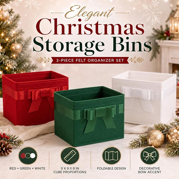 LemonRoad 3 Pcs Christmas Storage Bins 10x8x6in Red Green White Felt Gift Baskets with Elegant Bows Large Capacity Christmas Organizer for Shelves Closet Home Office, Xmas Decorative Fabric Boxes