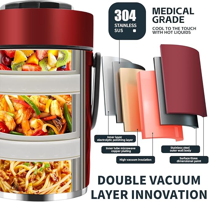 67 oz Adults Stainless Steel Vacuum Insulated Wide Mouth Soup Food Thermo Hot Food Jar with Keep Thermal Portable 3 Tier Stackable Bento Hot Food Containers Lunch Boxes (67 oz Red)