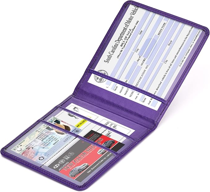 HerriaT Car Registration and Insurance Card Holder - Leather Vehicle Glove Box Automobile Documents Paperwork Wallet Case Organizer for ID, Driver's License, Key Contact Information Cards - Men&Women