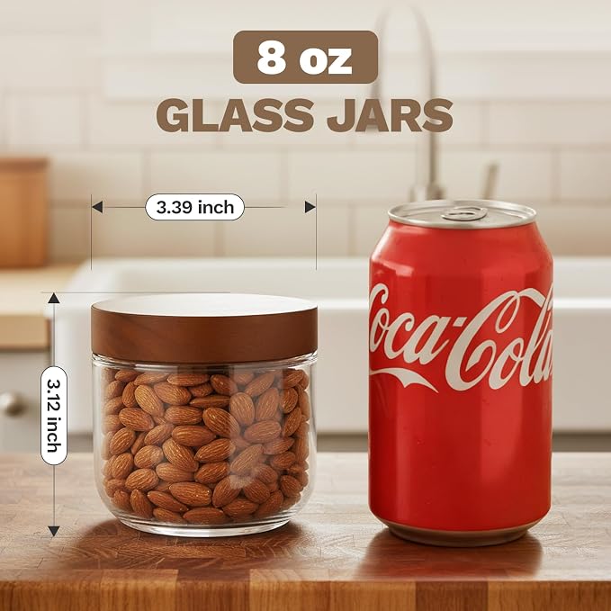 Bumobum 8 oz Glass Mason Jars with Lids, Small Glass Container with Acacia Wood Airtight Lid, Wide Mouth Canisters for Chia Pudding Loose Tea Coffee Salad Snacks Yogurt Spice, 12-Pack