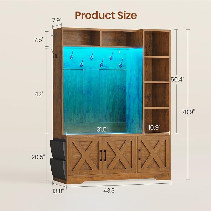 Itaar Hall Tree with Bench and Shoe Storage, Farmhouse Entryway Bench with Coat Rack, Shoe Cabinet with Adjustable Shelves, 6 Storage Cubbies, 10 Coat Hooks, Storage Bag, Led Lights, Rustic Brown