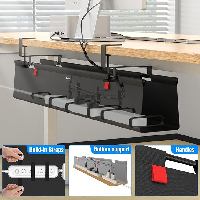 No Drill Under Desk Cable Management Tray, 48" Cord Management Tray with Cable Loop, Upgraded Oxford Fabric Wire Management for Standing Desk - No Damage to Table