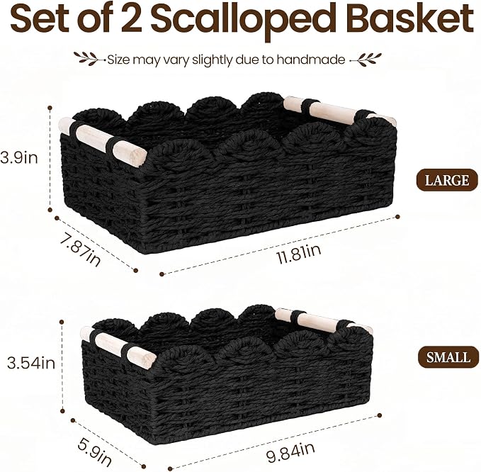 iEGrow Paper Rope Small Storage Baskets for Organizing, Set of 2 Scalloped Edge Wicker Basket with Wooden Handles Toilet Paper Basket for Over Toilet Storage Shelf, Home Decor, Living Room (Black)