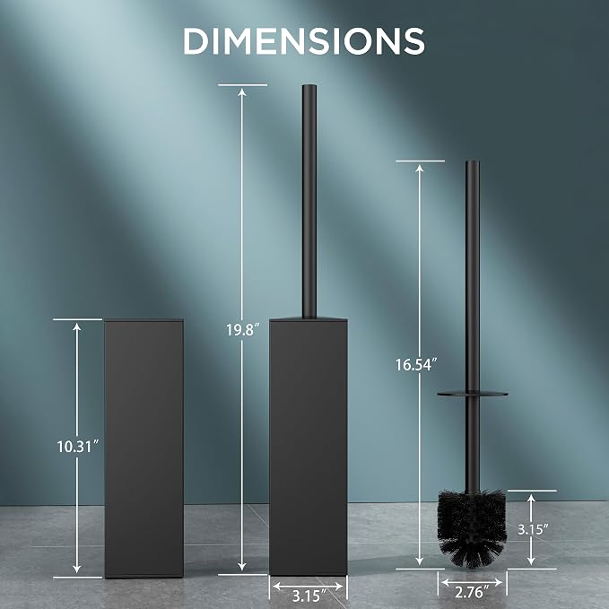 FORIOUS Toilet Cleaner Brush,2 Toilet Bowl Brush Head Square Tall Black | Heavy Duty 304 Stainless Steel Base, Silicone and Plastic Brush Heads, Long Handle for Deep Cleaning, Drip-Proof