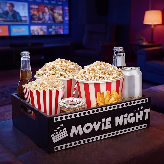 GlikCeil Movie Night Supplies Snack Trays with Handles Reusable Wooden Movie Gift Basket for Theater Popcorn Bucket Bowl Box Container Family Room Decor (Classic Style 1)