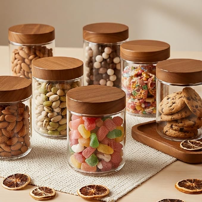 Bumobum 16 oz Overnight Oats Containers with Lids, Glass Mason Jars with Acacia Wood Airtight Lid, Wide Mouth Glass Canisters for Food Storage Chia Pudding Snacks Yogurt Spice Meal Prep, 12-Pack