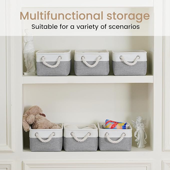11.8x7.9x5.2 Inch Fabric Small Storage Bins with Handles 1 Pack | Foldable Storage Basket, Sturdy Metal Strand, Cardboard Support Molding, Small Baskets for Organizing, Shelves, White/Gray