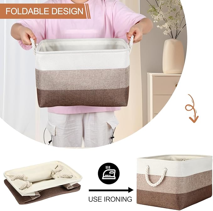 meekoo 8 Pack Collapsible Storage Bins Fabric Storage Bins Polyester Fabric Baskets with Handles Linen Closet Organizer for Shelf Home Closet Towels Toys(15 x 11 x 9.5 in,Mixed Beige)