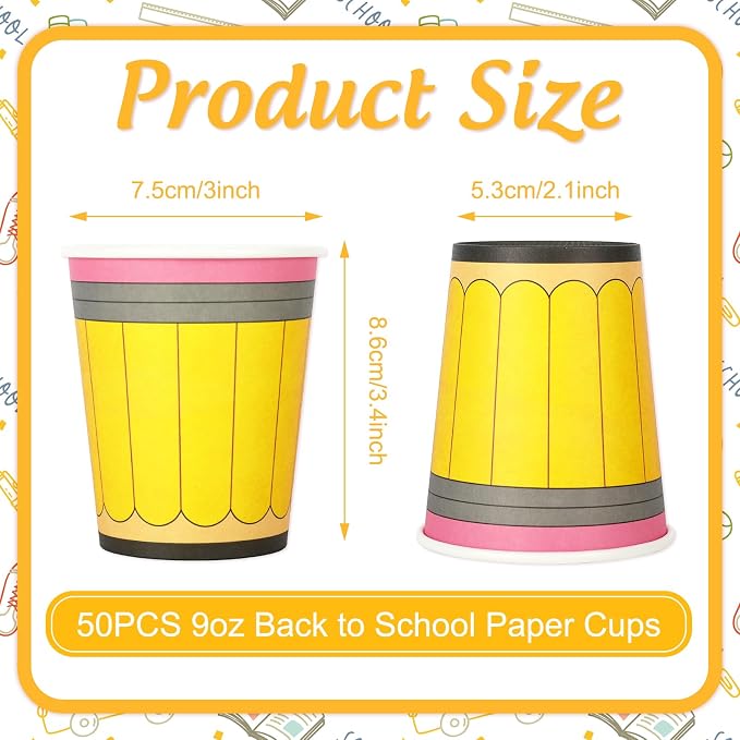 Whaline 50Pcs Back to School Paper Cups 9 Oz Yellow Pencil Design Disposable Cups for Coffee Tea Snacks Classroom First Day of School Party Supplies