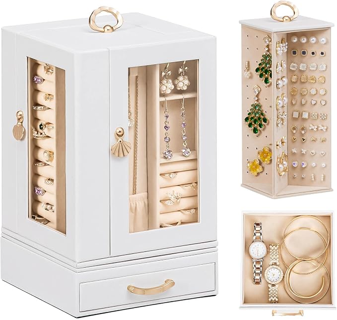 Enthralite Luxury Jewelry Box for Women: 360° Rotating with Clear Window | Compact Jewelry Storage with Drawer - Necklace Ring Organizer with Compartments - Elegant Earring Holder Display Great Gift