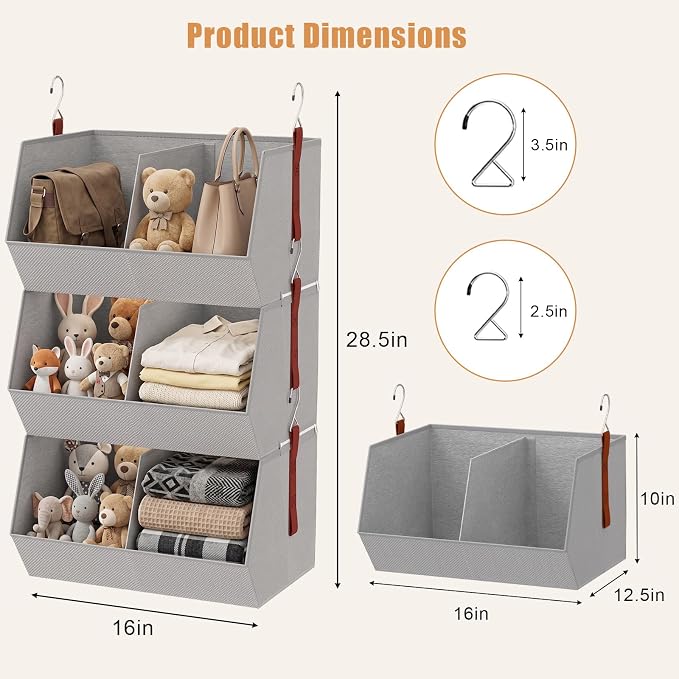 3-Tier Hanging Closet Organizer, Extra Large Fabric Closet Shelves with Zipper, Foldable Closet Storage Organizer for Clothes, Handbags, Socks, Underwear, Dorm Room and RV,Grey- 1 Pack