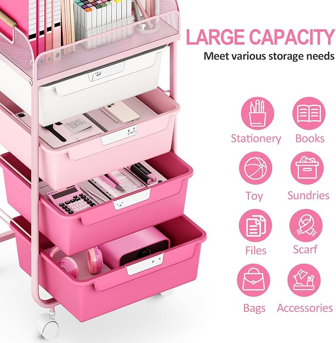 SYKIARIOL 4-Drawer Rolling Storage Cart with Mesh Top, Utility Craft Organizer Cart on Wheels with DIY Labels, Rolling Drawer Cart for Home Office Classroom Bedroom, Rose Pink