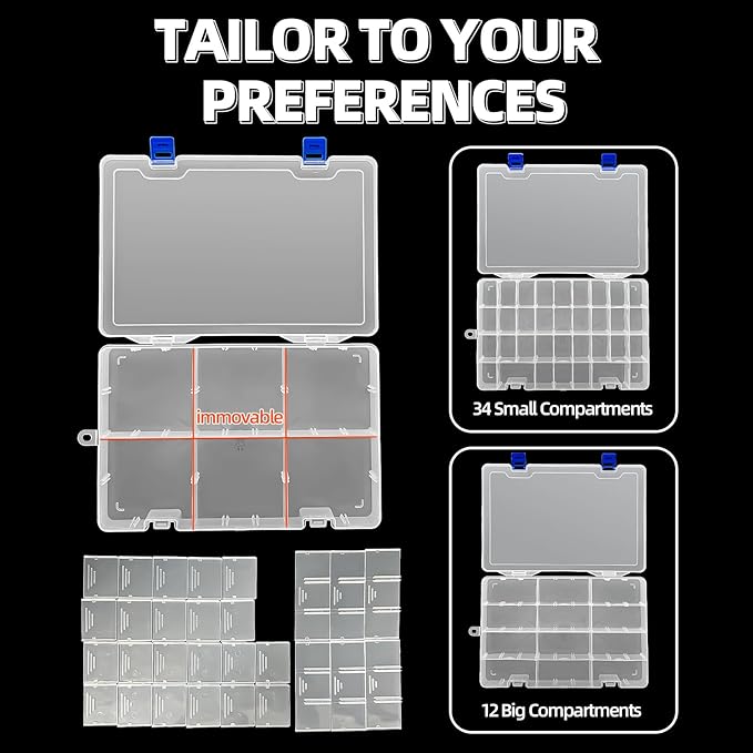 DUOFIRE Plastic Organizer Container Storage Box Adjustable Divider Removable Grid Compartment for Jewelry Beads Earring Container Tool Fishing Hook Small Accessories(34 Grids, White X 1)