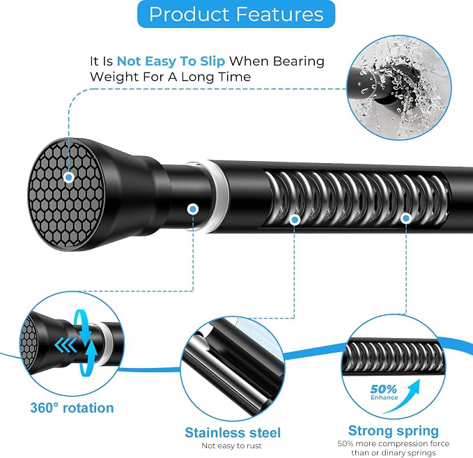 Adjustable Tension Curtain Rod 30 to 64 inches, Spring Curtain Rod for Windows Tension Rod No Drill, Spring Tension Curtain Rod for Window, Bathroom, Doorway, Black