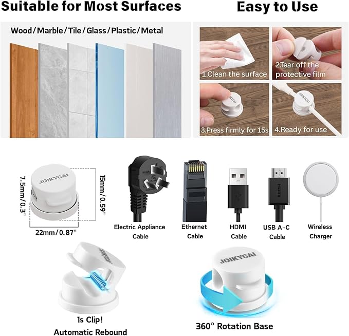 6 Magnetic Spring Cable Clips Desktop Cord Organizer Rotatable Cord Holder 2 Charging Cord Protecors for Nightstand Phone Charger Organizer Computer Desk Cable Management Appliance Adhesive Wire Strap