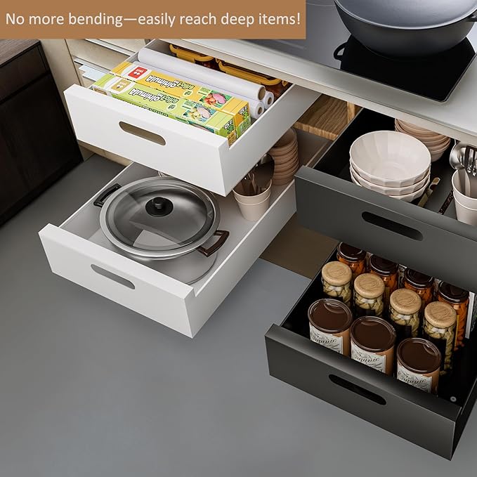 HBL' 1 Pack | 21" Deep Pull Out Cabinet Organizer Adhesive, 12-Inch Wide Sturdy Carbon Steel Roll-Out Drawers for Face Frame or Frameless Cabinets,Slide-Out Shelves for Pantry.