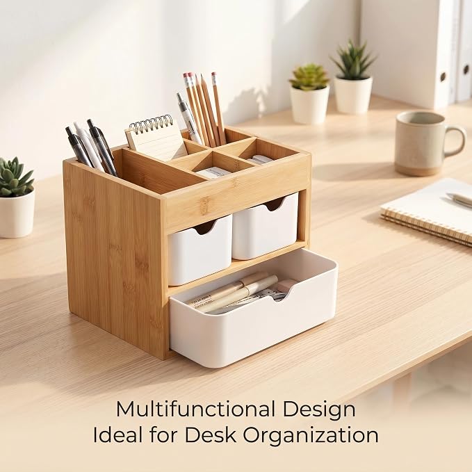 Bamboo Makeup Organizer with 3 Drawers | Wood Makeup Organizer, Dresser Cosmetic Box Organizer, For Home, Adjustable Dividers