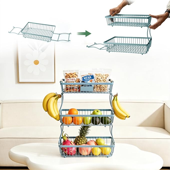 3 Tier Fruit Basket with 2 Banana Hangers, Mesh Basket Fruits Stand Produce Holder Organizer for Onion Potato Bread Snack Veggie Blue