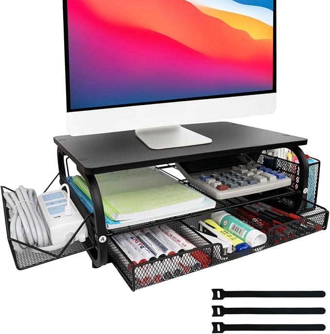 Desk Organizers and Accessories Monitor Riser, Monitor Stand with Drawer (2-Tier Drawers) with Large Side Storage Rack & Cable Management,66LBS/30KG, Office Organization, Black