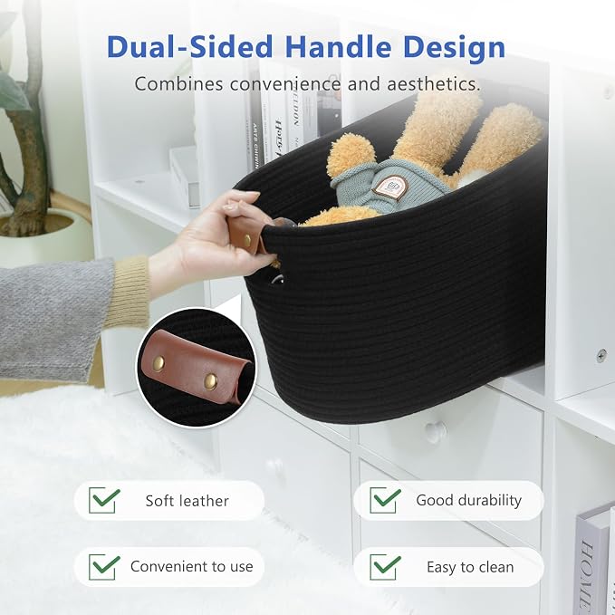 ECDYQXVU 15x10x9 Black Woven Cotton Rope Storage Basket Handles 2 Pack | Foldable Design, Leather Handles, Easy to Clean Organizer for Living Room, Closet, Shelves, Bedroom, Laundry, Clothes