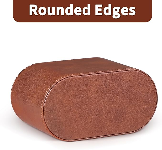 Pen Holder for Desk, Small Remote Control Holder, Brown | 2-Compartment Oval Pencil Cup with Soft Velvet Lining, PU Leather Desktop Organizer Caddy for Home School Office Desk