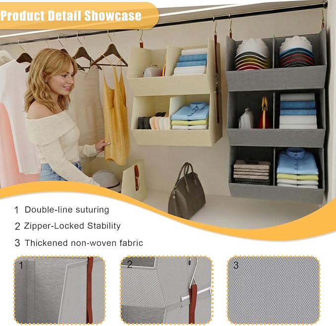 3-Tier Hanging Closet Organizer, Extra Large Fabric Closet Shelves with Zipper, Foldable Closet Storage Organizer for Clothes, Handbags, Socks, Underwear, Dorm Room and RV,Grey- 1 Pack