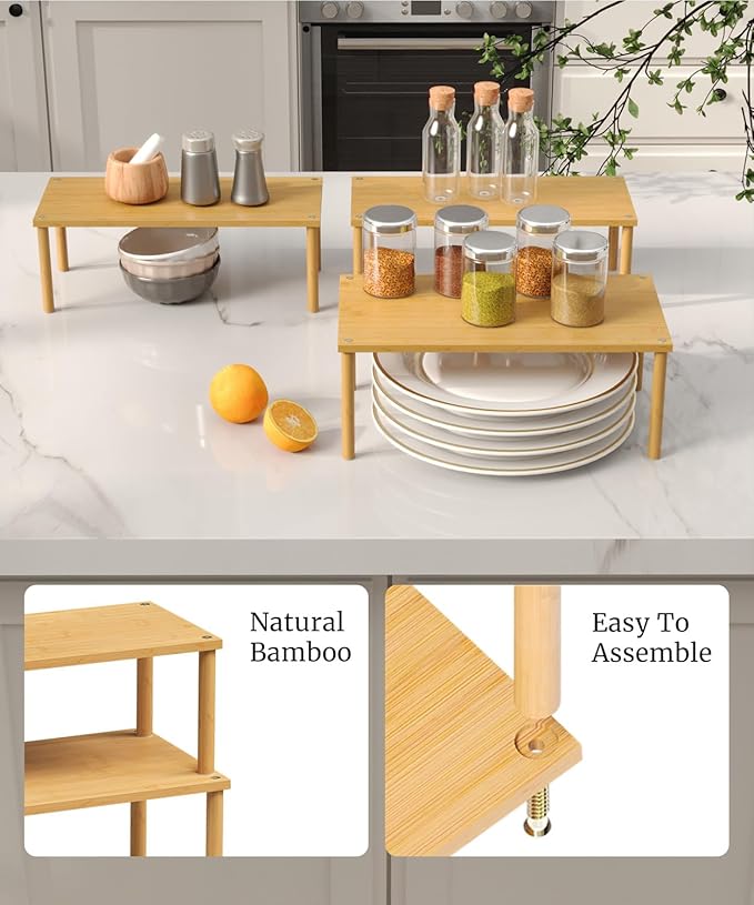 Cabinet Organizer Shelf(Set of 3),Bamboo Kitchen Counter Shelves for Countertop and Cabinet,Stackable Shelf Spice Racks,Large (Natural)