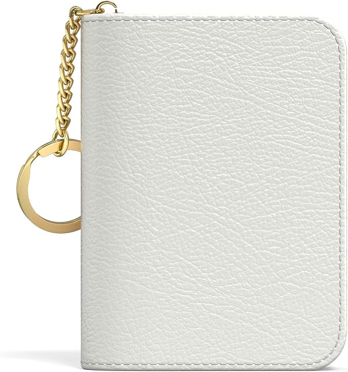 Aiawoxc Credit Card Holder for Women, Small RFID Wallet Slim Leather Business Card Organizer Case with Zipper and Keychain, White