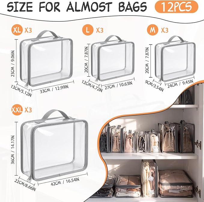 Hsei 12 Pcs Clear Dust Bags For Handbags 4 Sizes Fits Mini Wallet Oversized Tote Bags PVC Waterproof Purse Storage Organizer for Luxury Bag Soft Stand-Up with Zipper Handle for Closet Hanging (Grey)