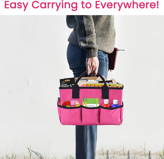 Desktop Tote and Organizer, Teacher Helper Caddy Bag for Arts, Books, Stationery, Office Desk Organization, Make-up Storage with Handles for Travel, Pink