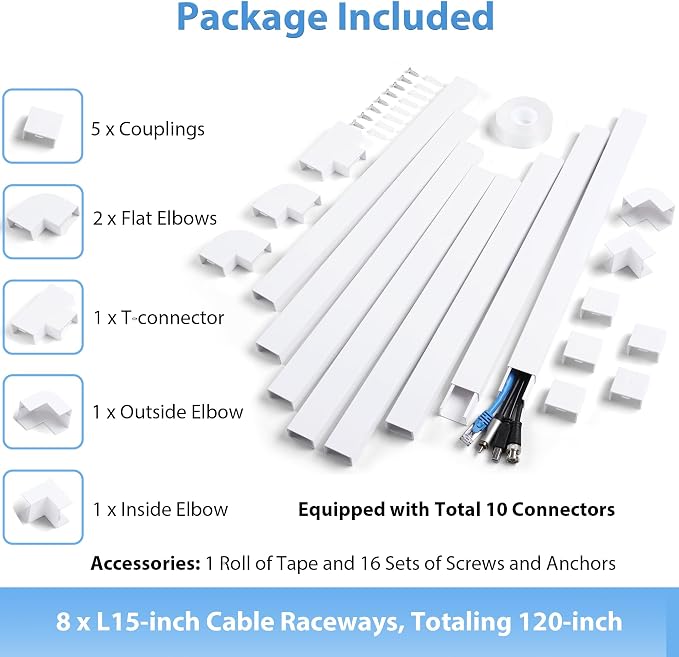 120in Cord Hider Wall, Cable Management Kit to Hide 3-5 Cords, Cord Organizer Wall, TV Cable Hider Wire Hider for Wall Hide Cords Wall Mounted TV, Cable Raceway White 8 x L15in, W1.2in H0.65in