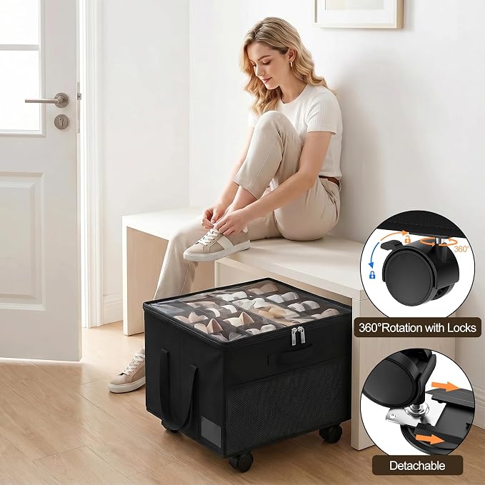 Large Shoe Organizer for Closet, 16 Pairs Shoe Storage Box with 360° Wheels & Reinforced Handles, Adjustable Dividers, Clear Cover, Side Pocket, Foldable Oxford Fabric Bin for Entryway, Black