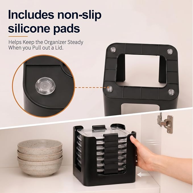 Food Container Lid Organizer for Rubbermaid Brilliance nap-on lids, 3-Pack Black, Kitchen Cabinet Drawer & Pantry Storage