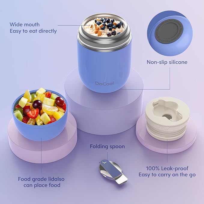 DaCool Stainless Vacuum Insulated Food Jar - 16 Ounce Thermo for Hot & Cold Food, Perfect for School, Work, Picnic & Outdoors - Purple