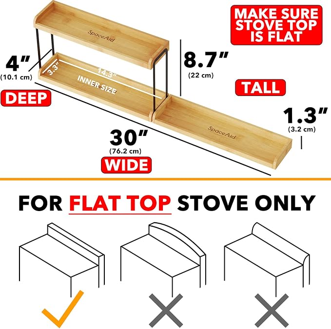 SpaceAid 30" Wide Kitchen Shelf Organizer for Stove, Magnetic Bamboo Spices Shelf for Home Stove Kitchen Storage Organization (Fit for Flat Top Only, 2-Tier)