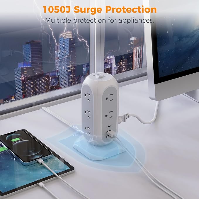 TESSAN Tower Power Strip Flat Plug with 1050J Surge Protection, 6 Ft, Grey | 11 Outlets 3 USB (1 USB C), Surge Protector Power Tower, Extension Cord with Multiple Outlets, Dorm, Office Desk Supplies