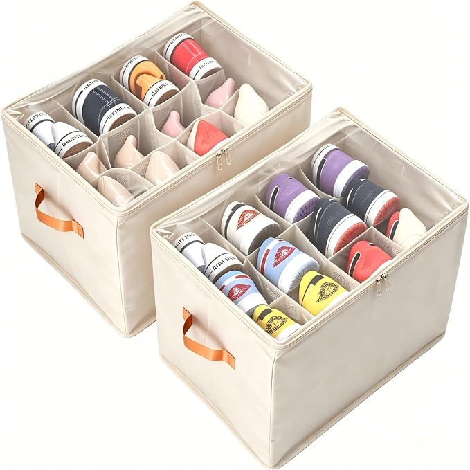Shoe Organizer for Closet, 2 Pack Shoe Organizer with Clear Cover, Closet Shoe Storage Containers w/Adjustable Dividers, Foldable Storage Bins for Shoes, Fits 16-32 Pairs, Beige
